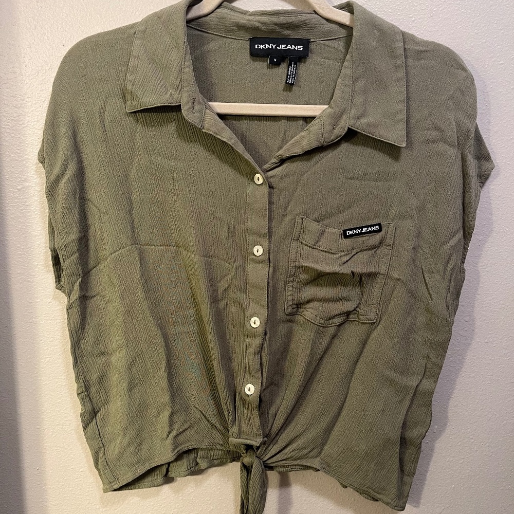 DKNY Tie-Front Shirt Medium Olive Green